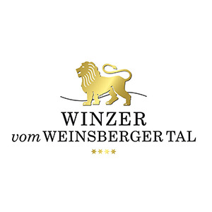 Goldener Löwe auf einem weißen Hintergrund mit dem Text "Winzer vom Weinsberger Tal" in Schwarz.