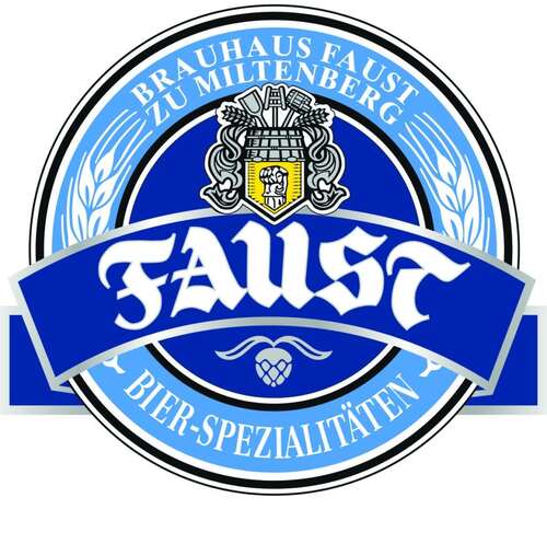 Ein blau-weißes Logo mit der Aufschrift "Faust" und Brauerei-Symbolen.