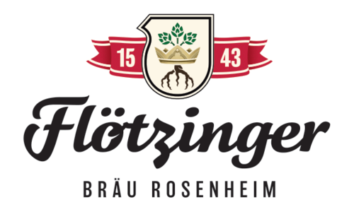 Flötzinger Bräu Rosenheim Logo mit roten Banner und grünen Hopfenkrone.