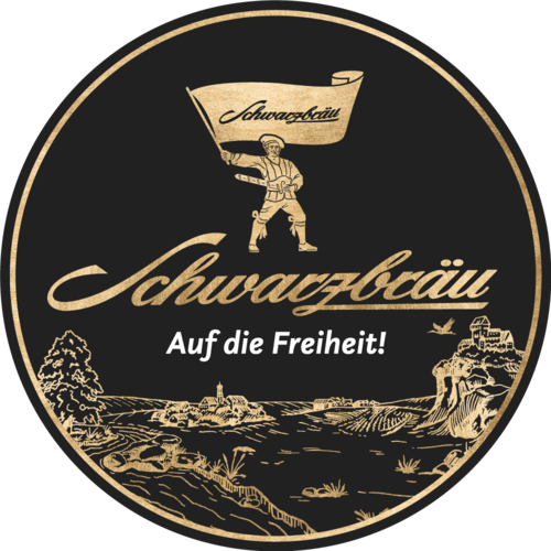 Ein rundes schwarzes Logo mit goldenem Rand und goldener Schrift sowie einer Zeichnung eines Mannes mit einer Fahne.