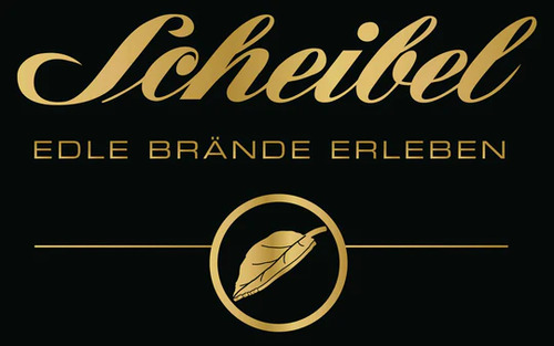 Goldenes Logo mit dem Schriftzug "Scheibel" und einer Blattgrafik auf schwarzem Hintergrund