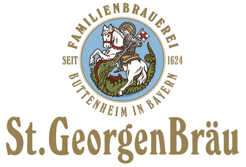 Ein stilisiertes Wappen mit einem Ritter auf einem weißen Pferd im Zentrum.