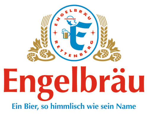 Ein Logo mit der Aufschrift Engelbräu und einem blauen, roten Wappen.